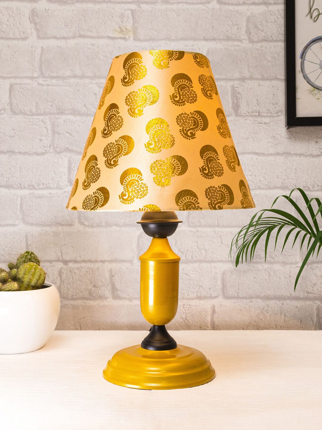 Homesake Golden Printed Metal Table Lamp with Gold Peacock Shade Price in India