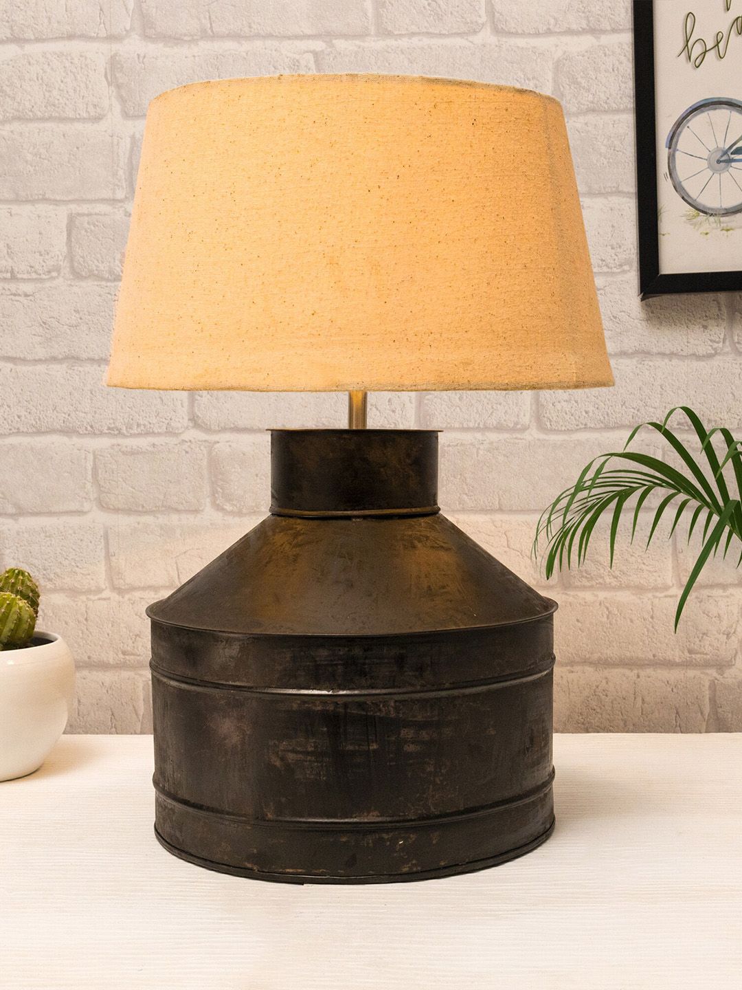 Homesake Adults Beige Solid Metal Table Lamp with Khadi drum shade Black Rust Finish Price in India