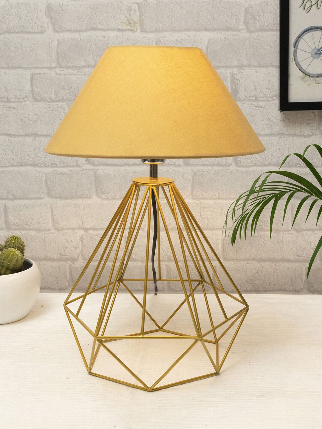 Homesake Gold-Toned & Yellow Diamond Shape Metal Base Table Lamp With Shade Price in India