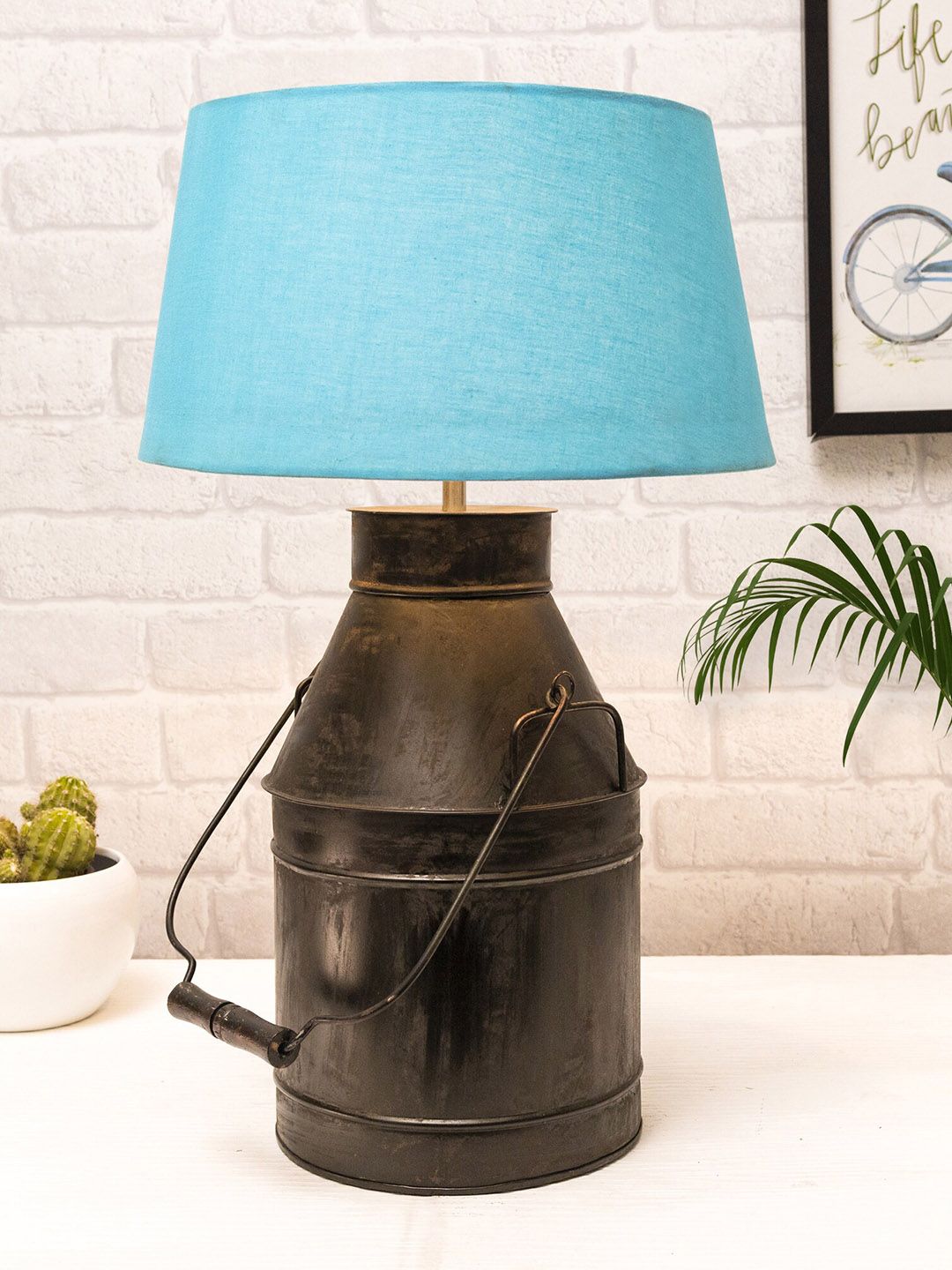 Homesake Grey & Turquoise Blue Metal Can Shape Table Lamps With Shade Price in India