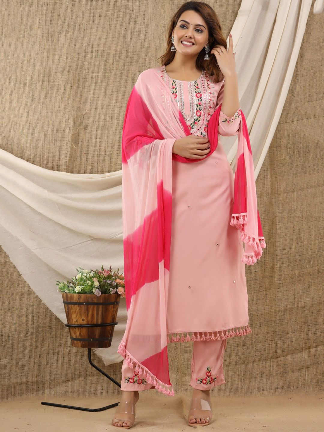 KALINI Women Peach-Coloured Embroidered Thread Work Kurti with Trousers & With Dupatta Price in India