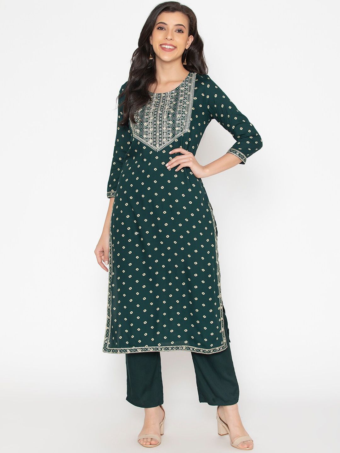 KALINI Women Green Printed Angrakha Thread Work Kurti with Palazzos & With Dupatta Price in India