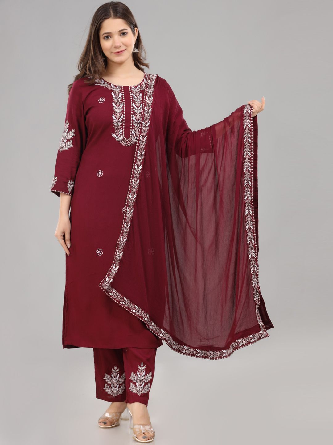 KALINI Women Maroon Embroidered Kurta with Trouser & With Dupatta Price in India