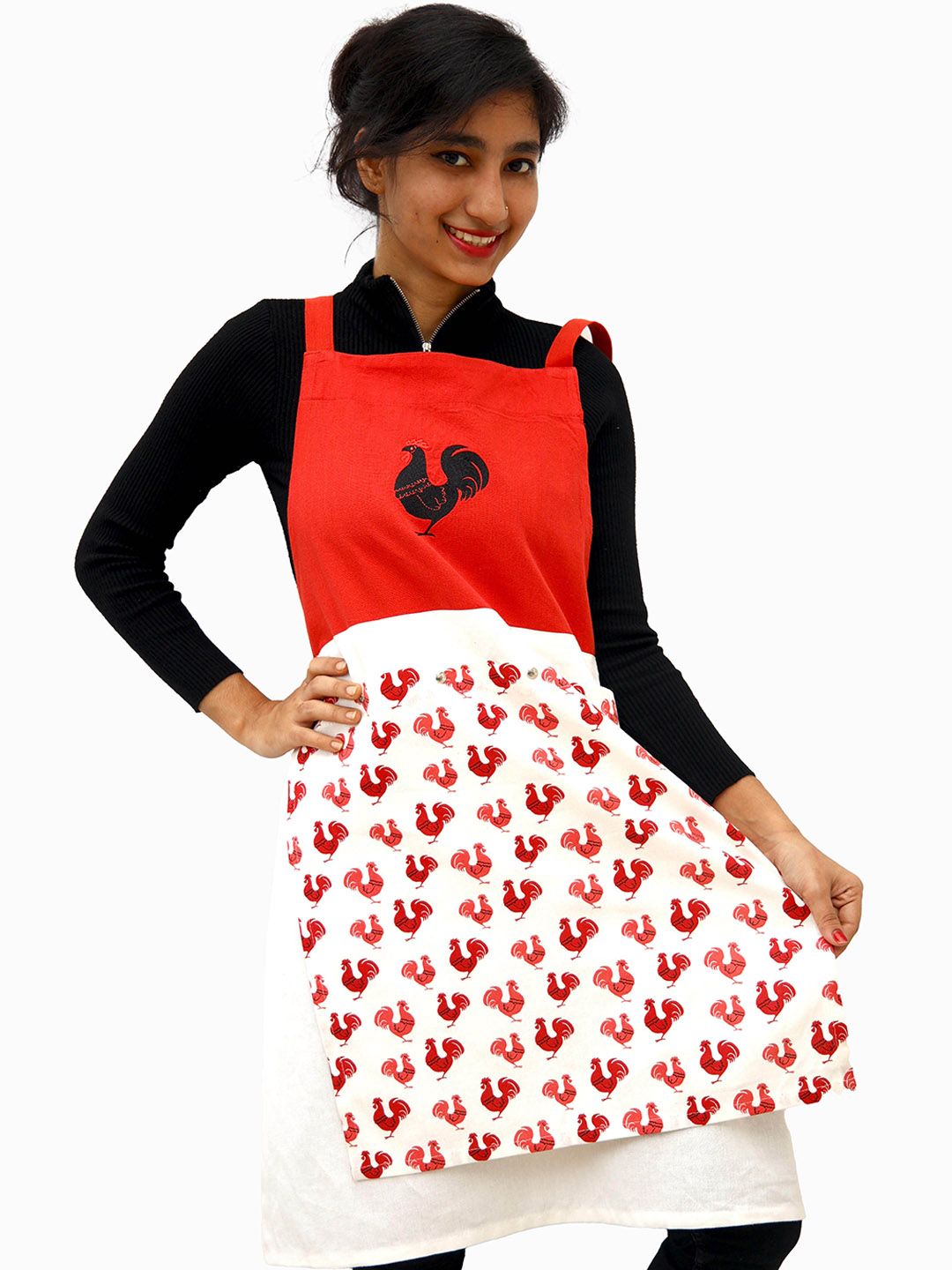 Ariana Red & White Cock Print Cotton Apron Price in India