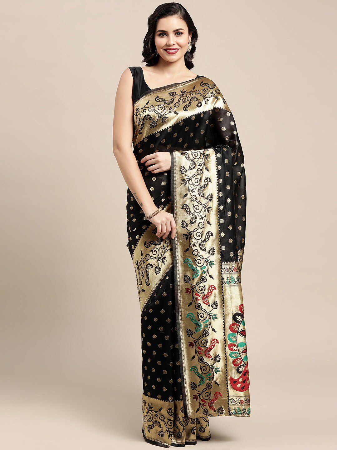 Saree mall Black & Gold-Toned Woven Design Zari Silk Blend Paithani Sarees Price in India