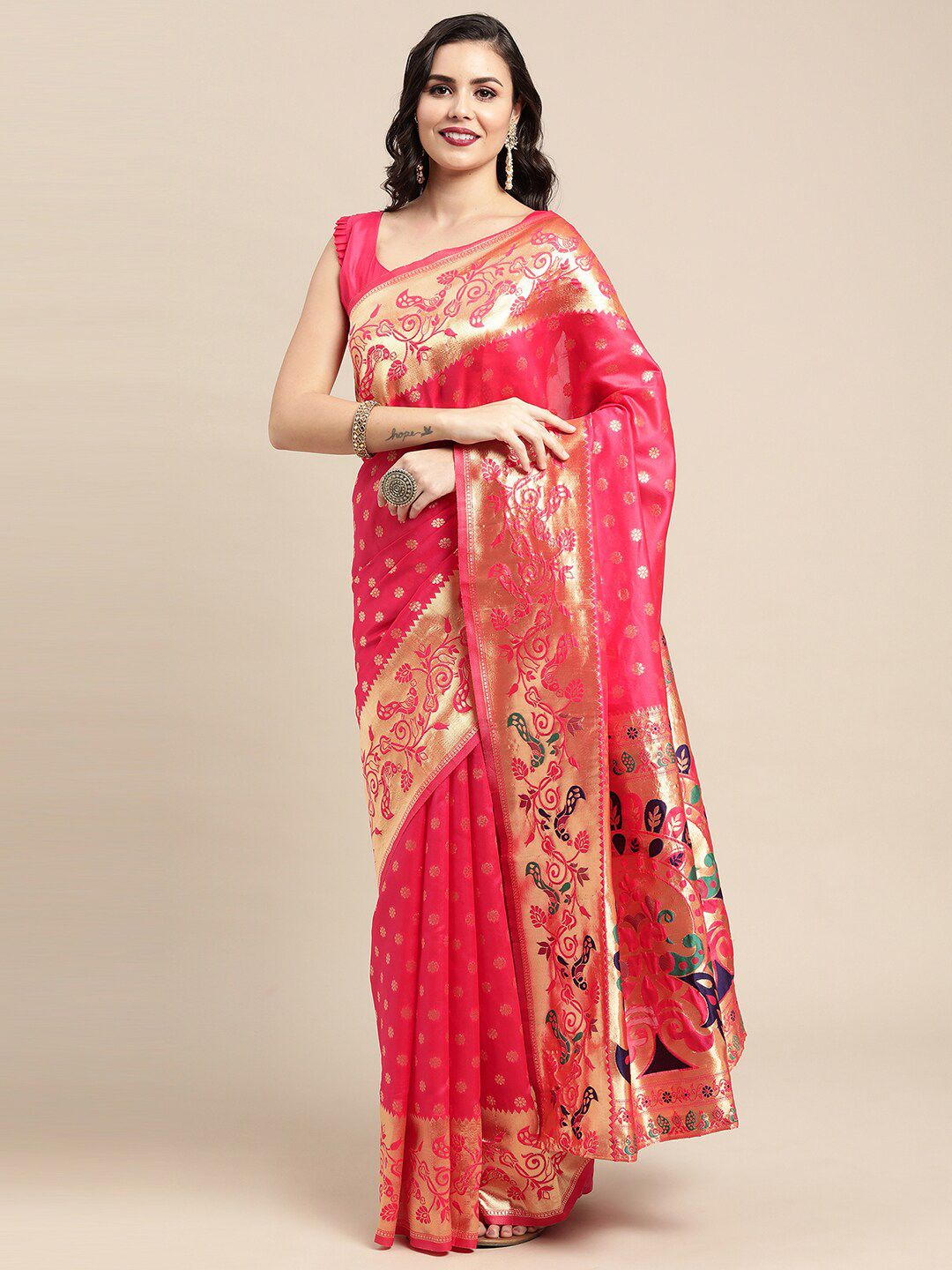 Saree mall Pink & Gold-Toned Ethnic Motifs Zari Silk Blend Paithani Sarees Price in India