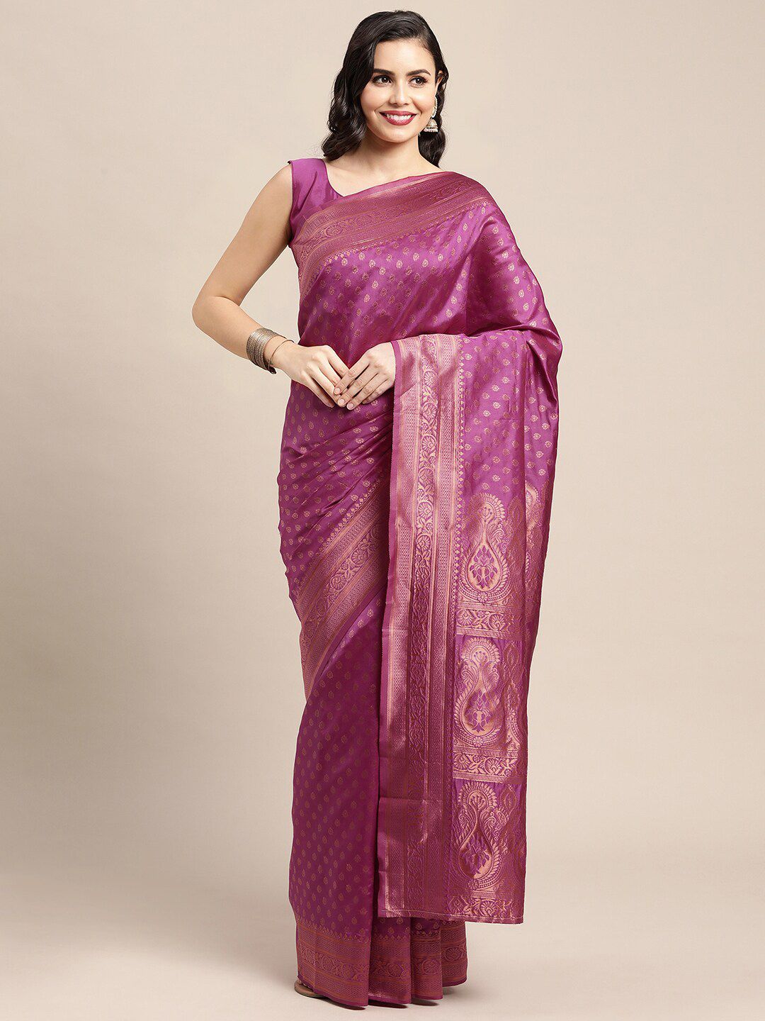 Saree mall Magenta Ethnic Motifs Zari Silk Blend Banarasi Sarees Price in India