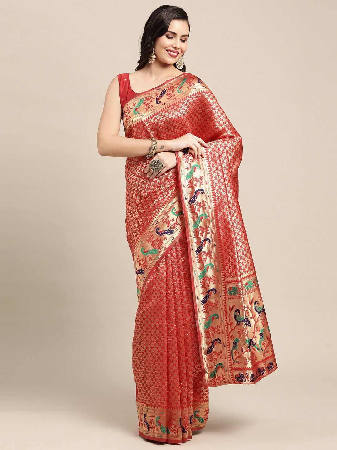 Saree mall Red & Gold-Toned Woven Design Zari Silk Blend Paithani Sarees Price in India