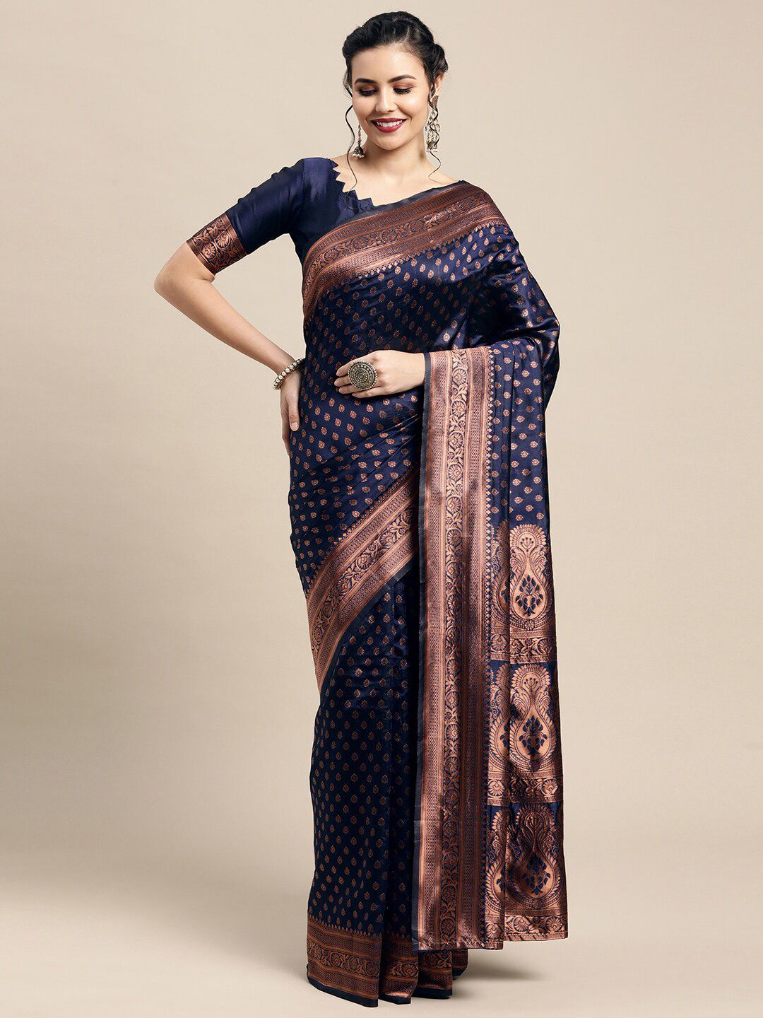 Saree mall Navy Blue & Copper-Toned Woven Design Zari Silk Blend Banarasi Sarees Price in India