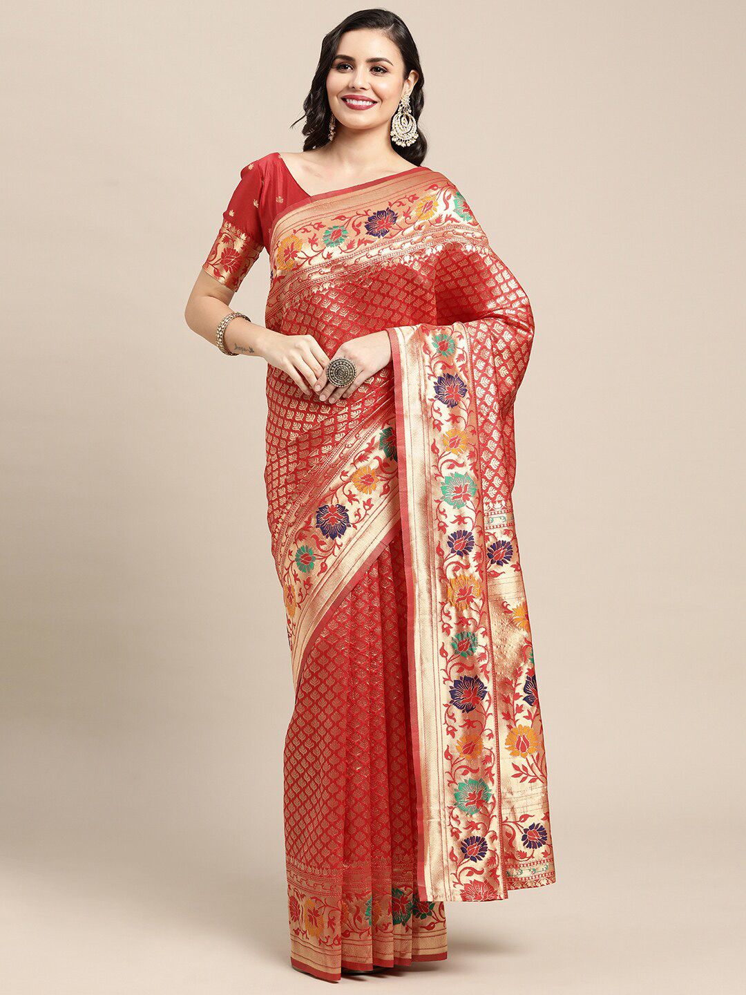 Saree mall Red & Blue Woven Design Zari Silk Blend Kanjeevaram Sarees Price in India