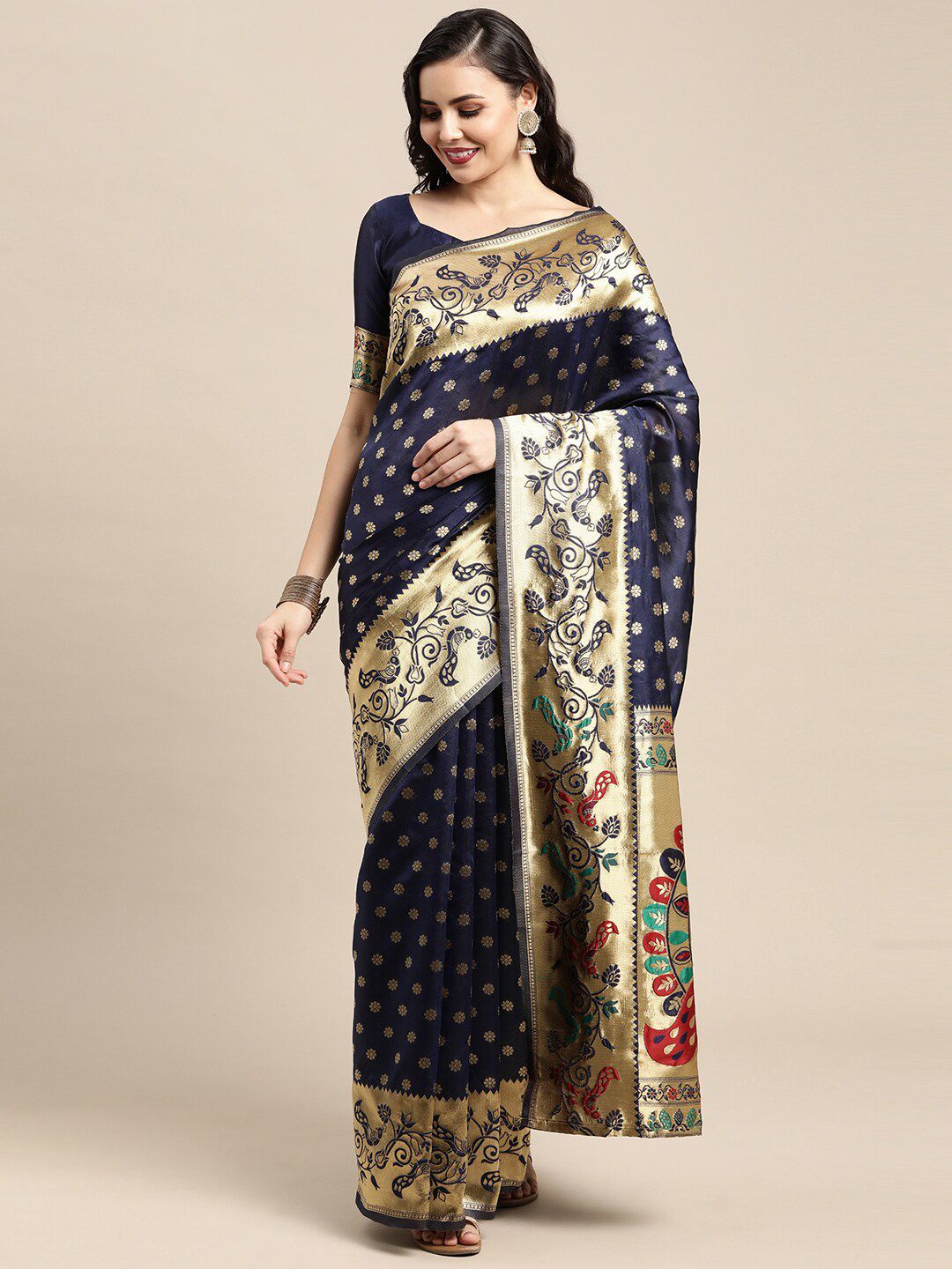 Saree mall Navy Blue & Gold-Toned Woven Design Zari Silk Blend Paithani Sarees Price in India