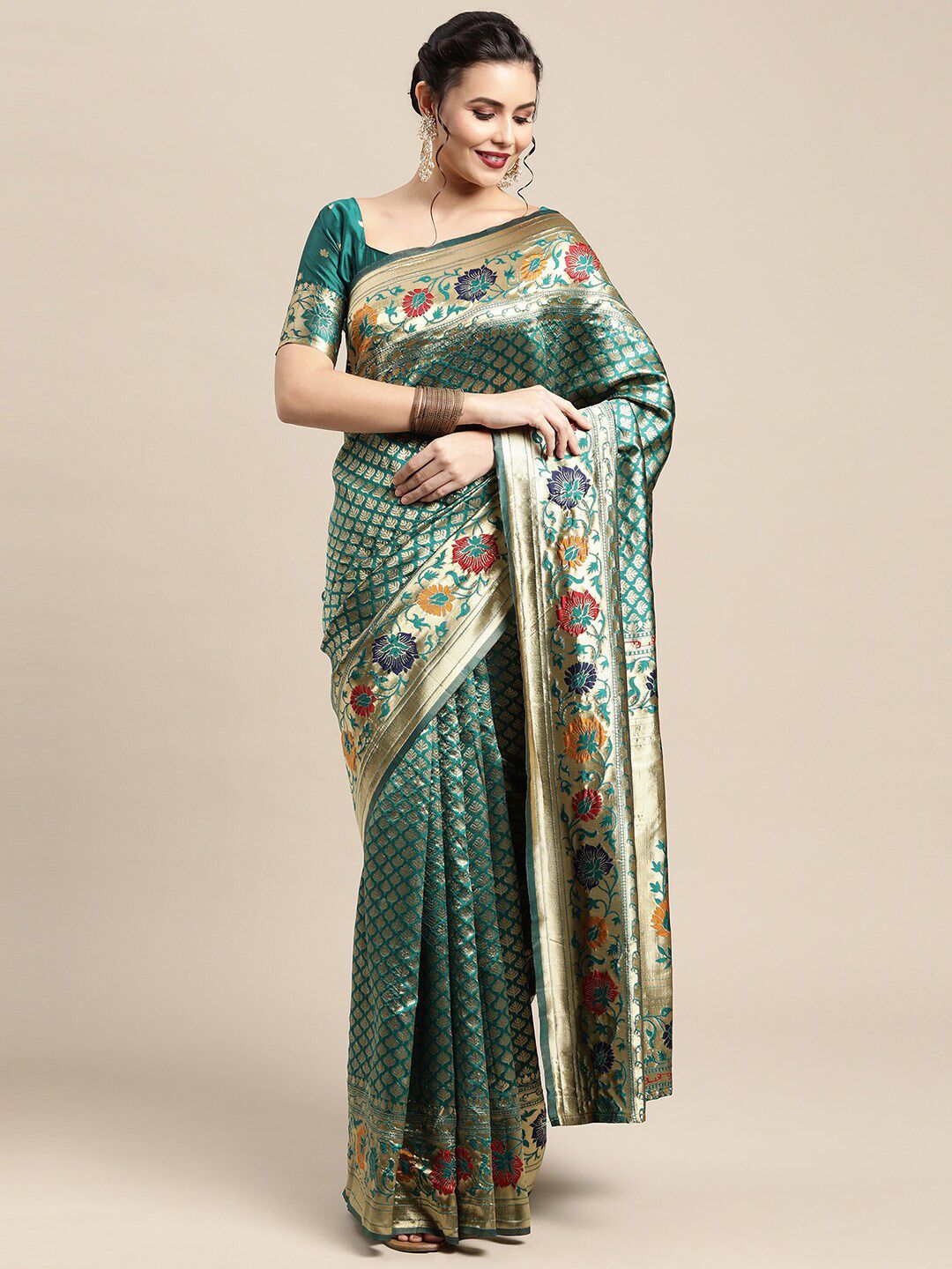Saree mall Teal & Gold-Toned Woven Design Zari Silk Blend Kanjeevaram Sarees Price in India