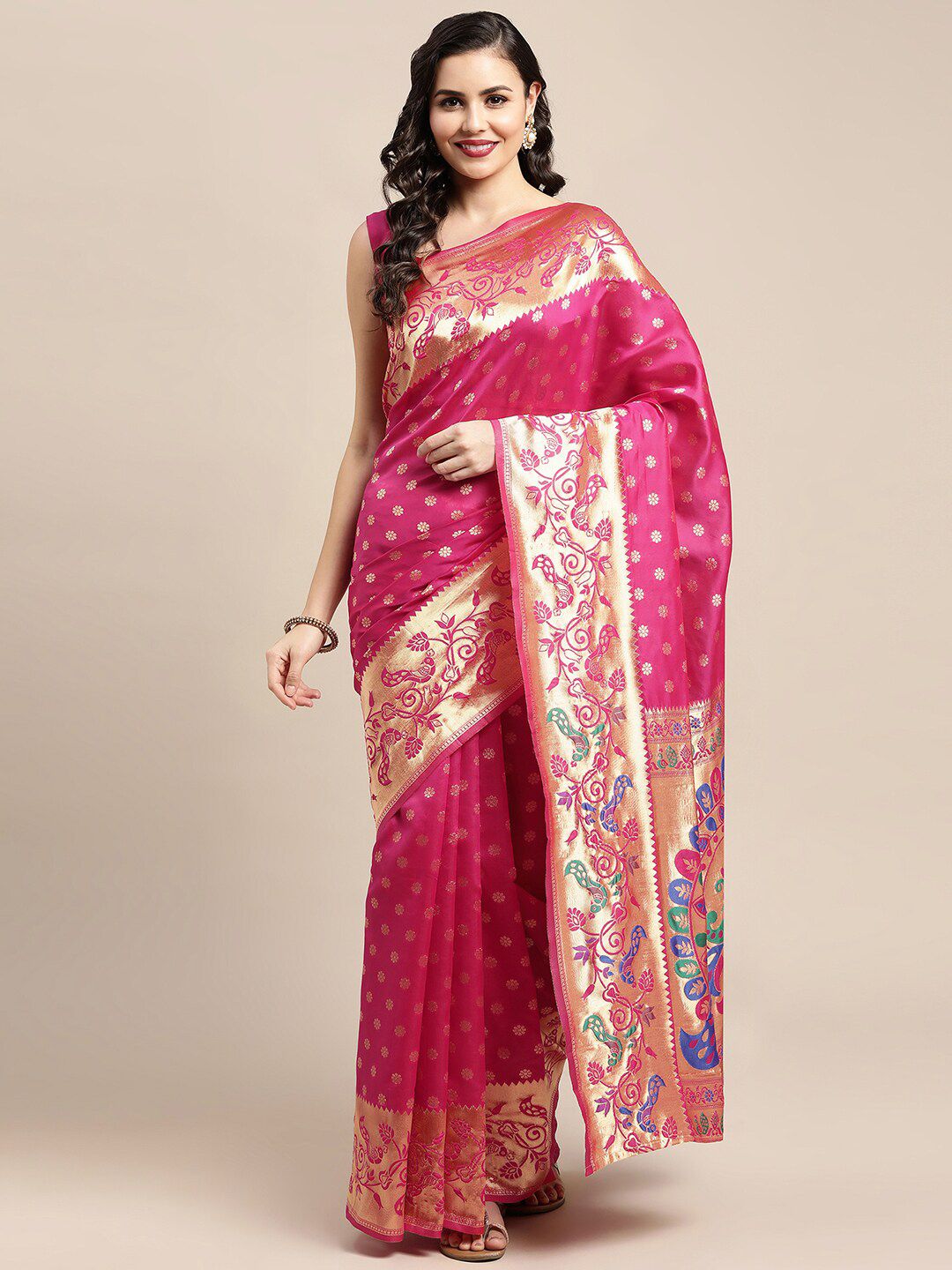 Saree mall Pink & Gold-Toned Woven Design Zari Silk Blend Paithani Sarees Price in India