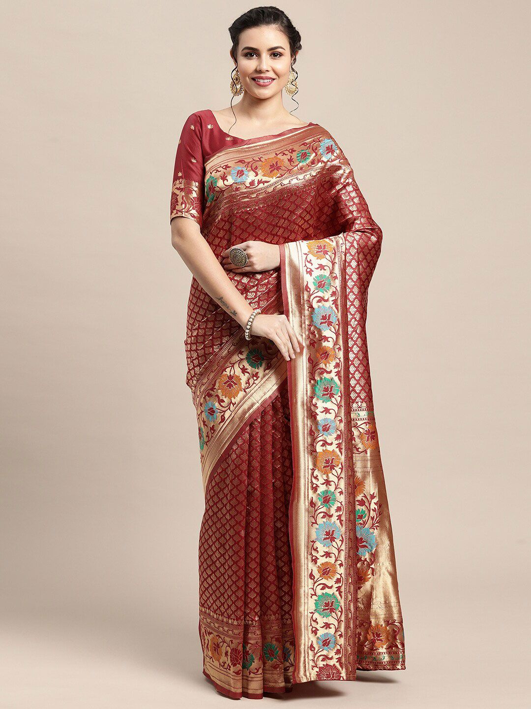Saree mall Women Maroon & Green Woven Design Zari Silk Blend Kanjeevaram Sarees Price in India