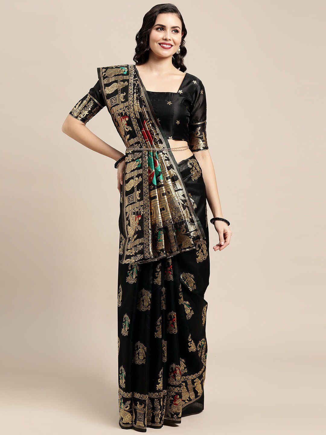 Saree mall Black & Gold-Toned Woven Design Zari Silk Blend Baluchari Sarees Price in India