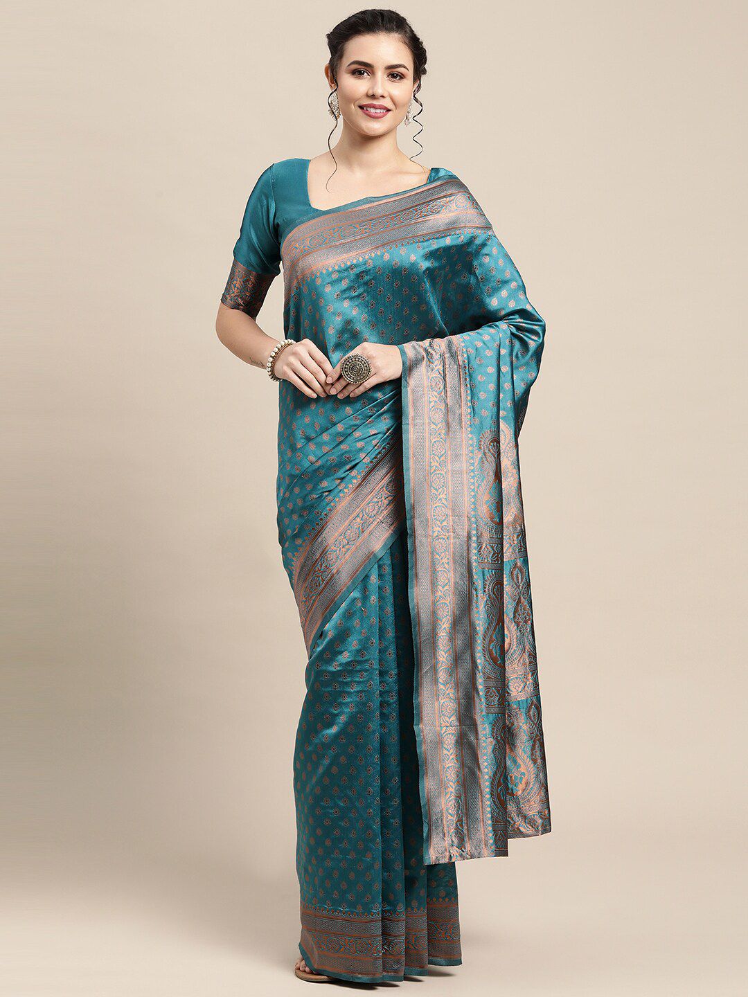 Saree mall Teal & Copper-Toned Paisley Zari Silk Blend Banarasi Sarees Price in India