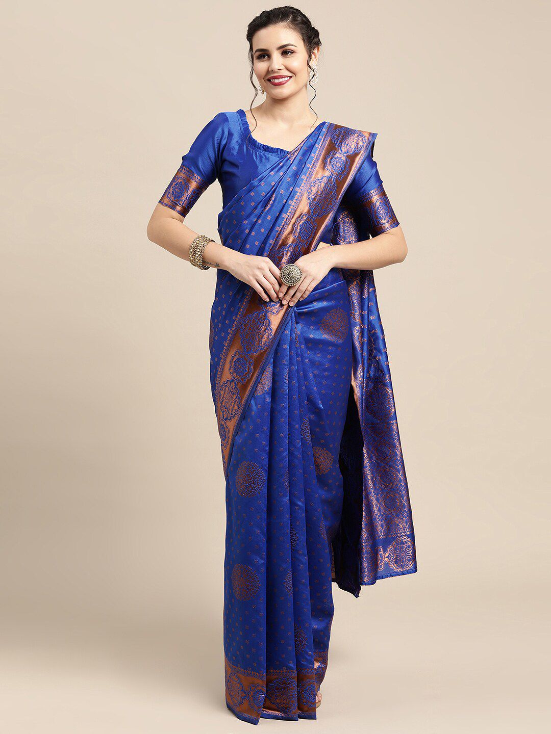 Saree mall Blue & Copper-Toned Woven Design Zari Silk Blend Banarasi Sarees Price in India