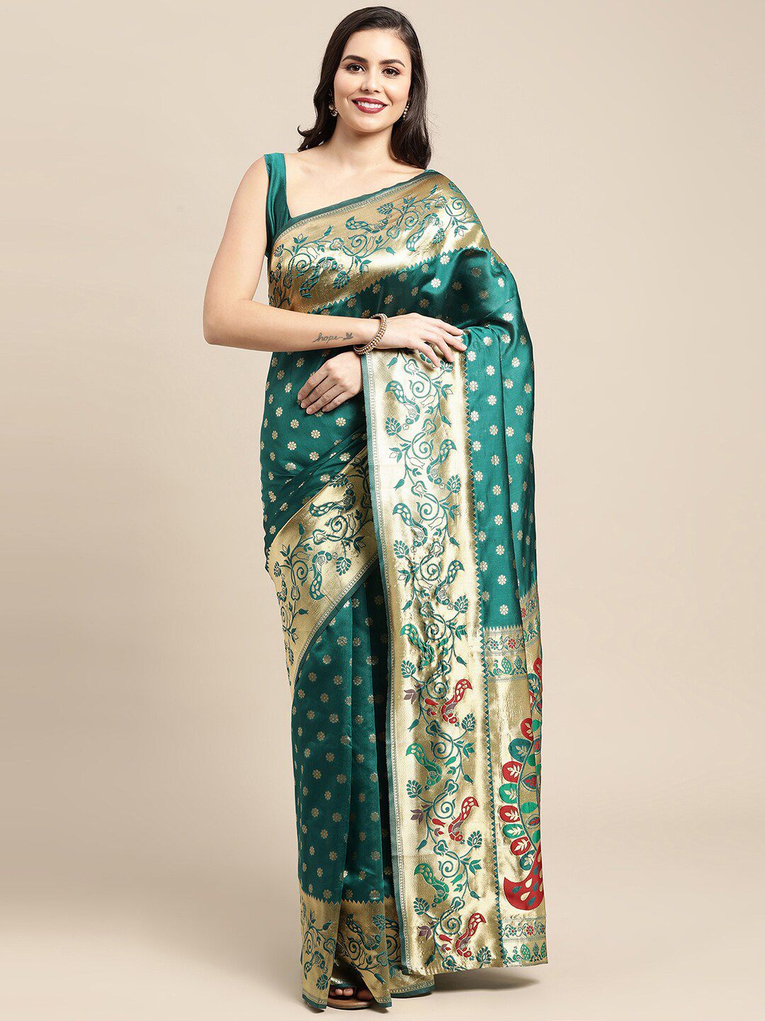 Saree mall Teal & Gold-Toned Woven Design Zari Silk Blend Paithani Sarees Price in India