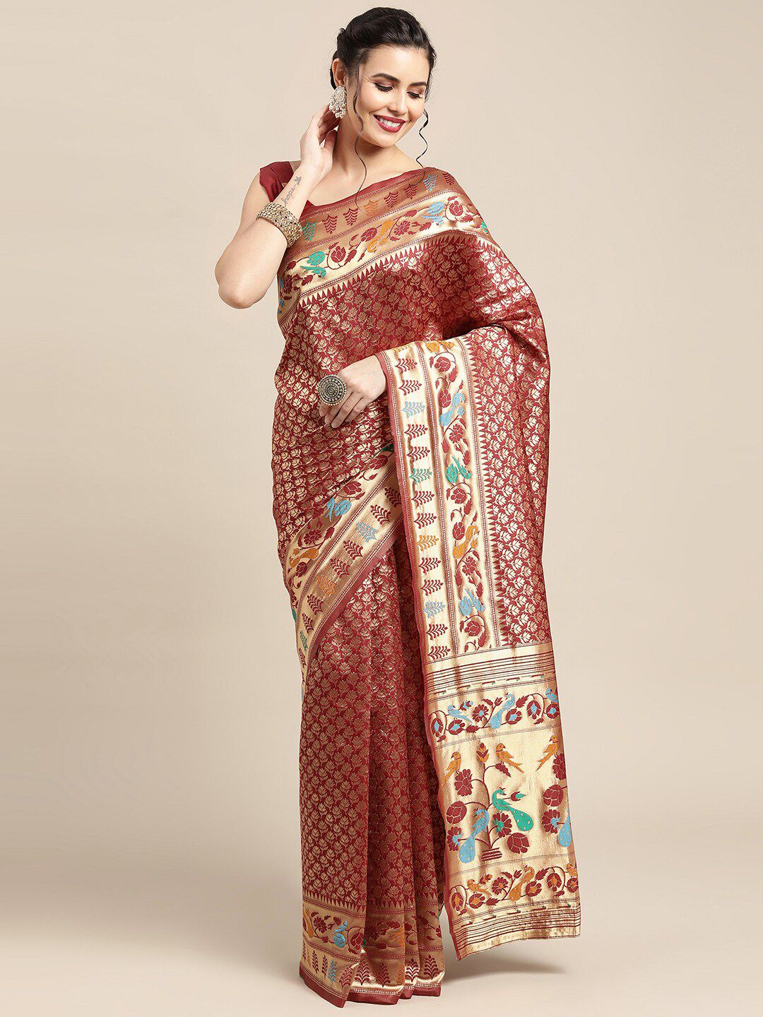 Saree mall Maroon & Gold-Toned Woven Design Zari Silk Blend Paithani Sarees Price in India