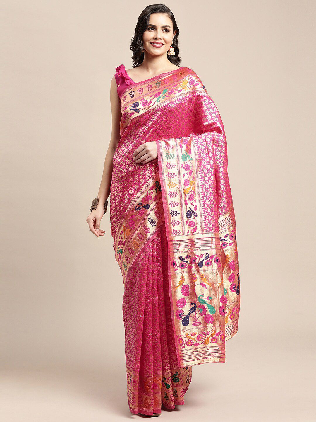 Saree mall Pink & Green Woven Design Zari Silk Blend Sarees Price in India