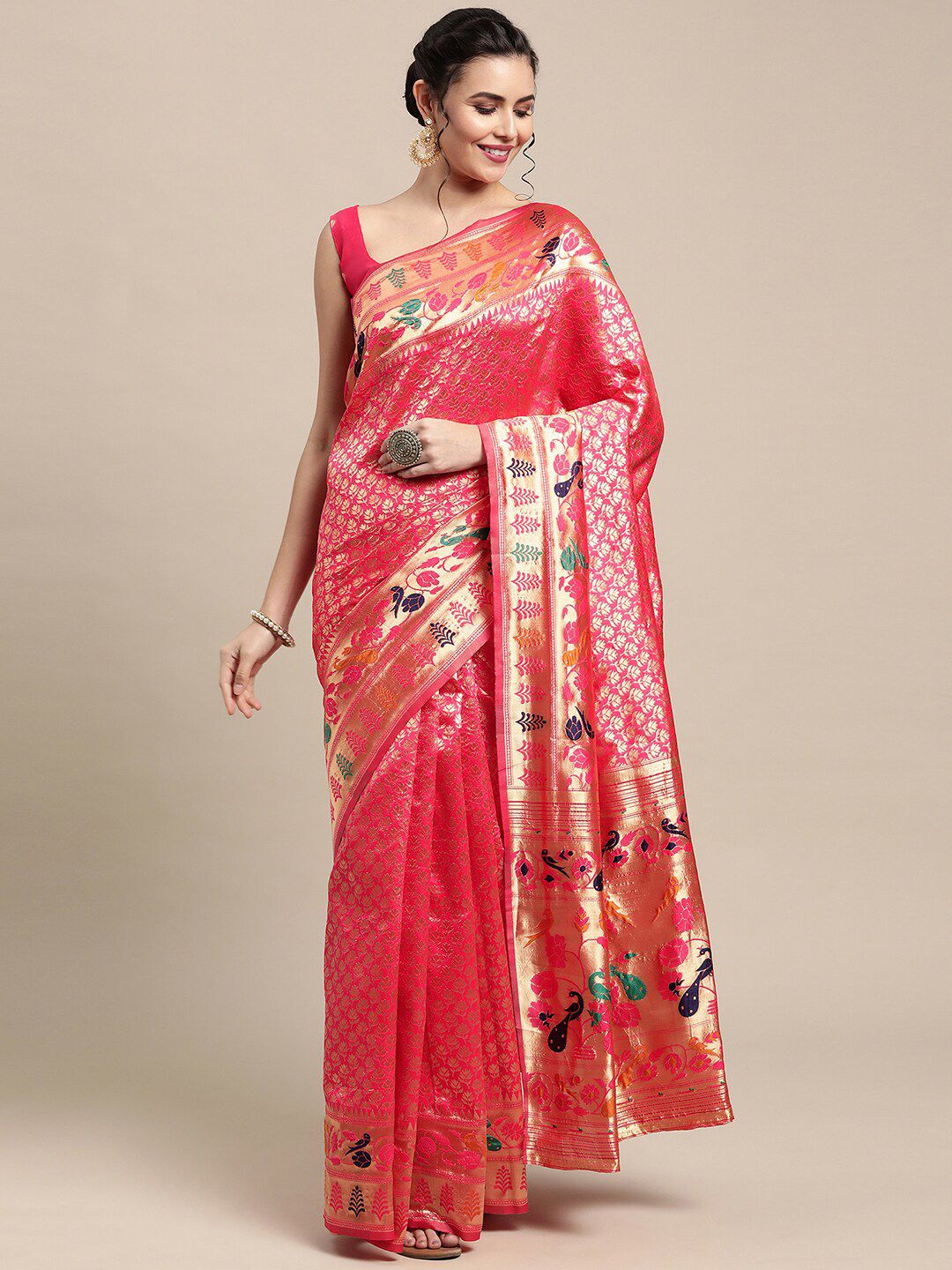 Saree Mall Pink & Green Woven Design Zari Silk Blend Paithani Sarees Price in India