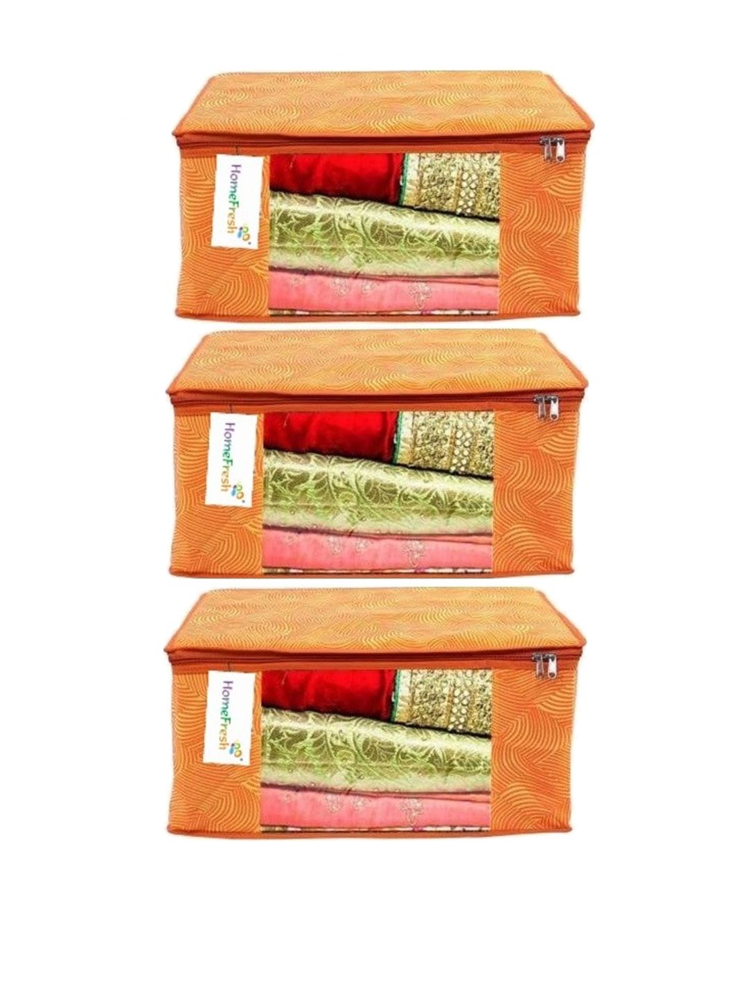 Home Fresh Set Of 3 Orange Printed Saree Covers Price in India