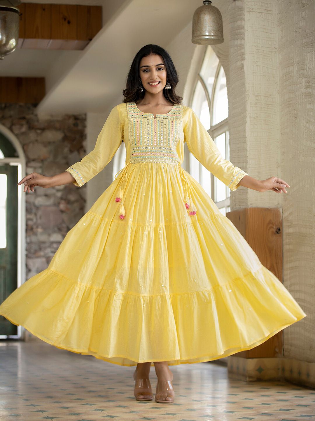 KAAJH Yellow Ethnic Pure Cotton Maxi Dress Price in India