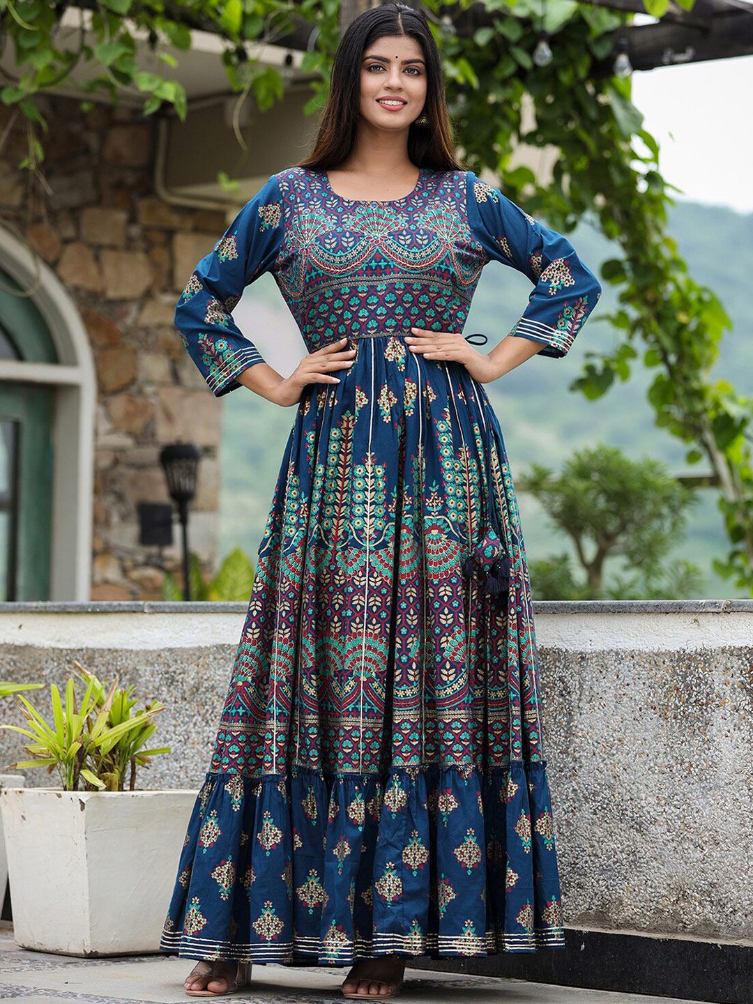 KAAJH Blue & Green Floral Ethnic Maxi Dress Price in India