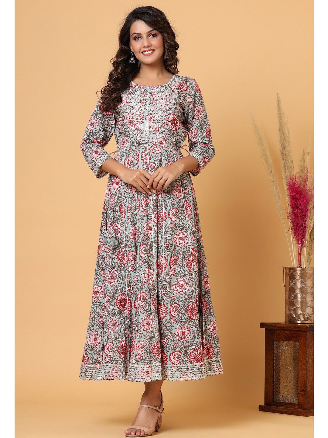 KAAJH Grey & Pink Cotton Round Neck Embroidered Floral Ethnic Dress Price in India