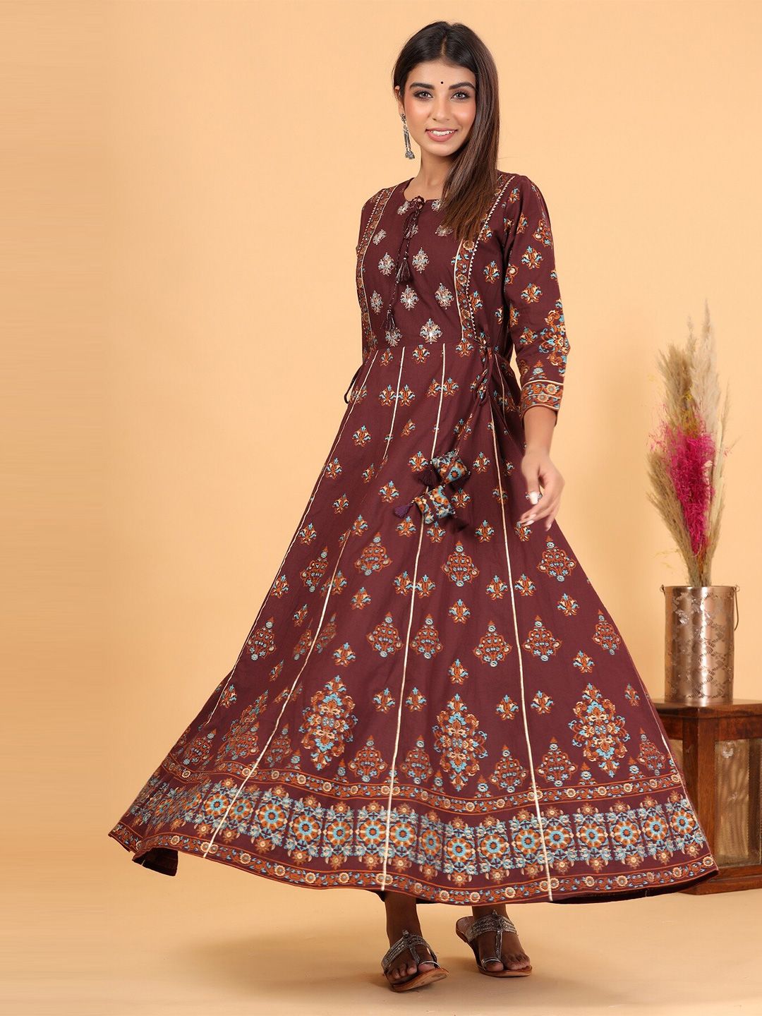 KAAJH Maroon Printed Pure Cotton Ethnic Maxi Dress Price in India