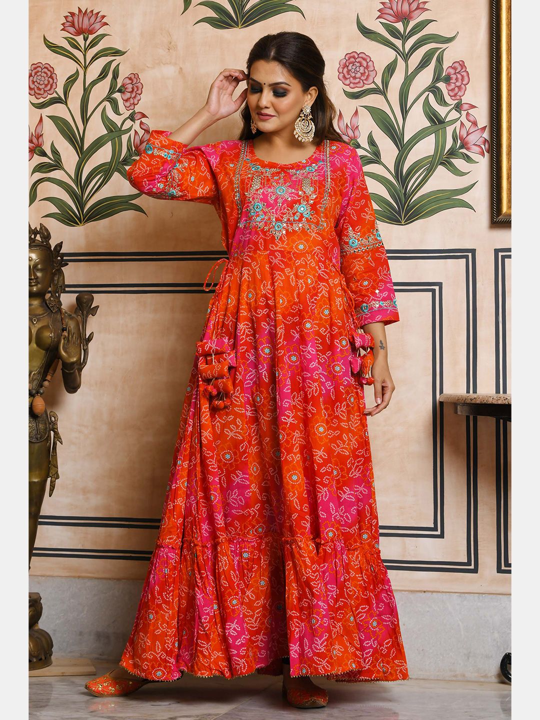 KAAJH Orange Floral Ethnic Maxi Dress Price in India