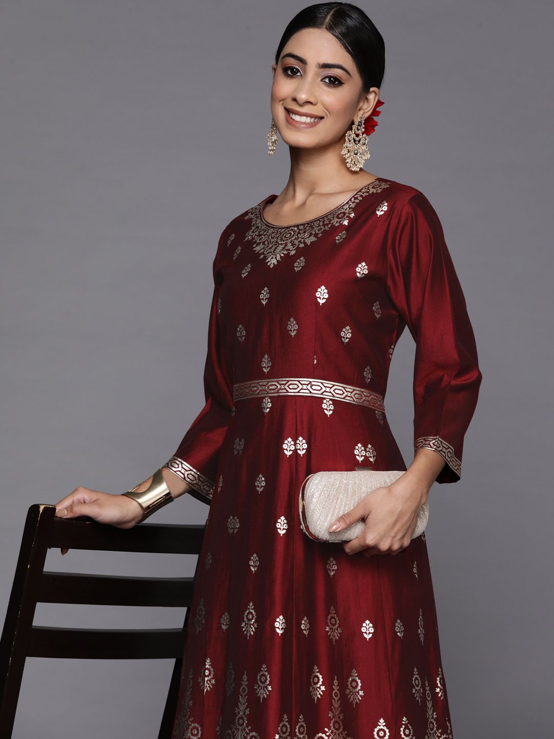 Indo Era Maroon & Silver Floral Printed Liva Ethnic Maxi Dress Price in India