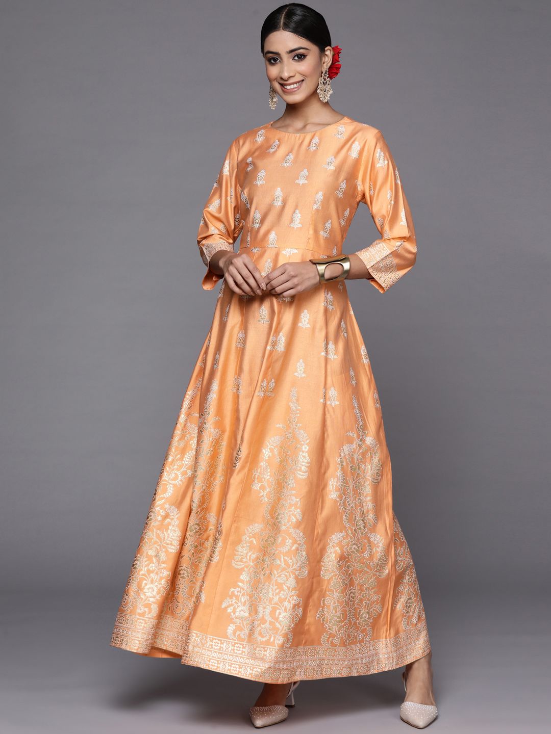 Indo Era Peach-Coloured & White Floral Printed Liva Ethnic Maxi Dress Price in India