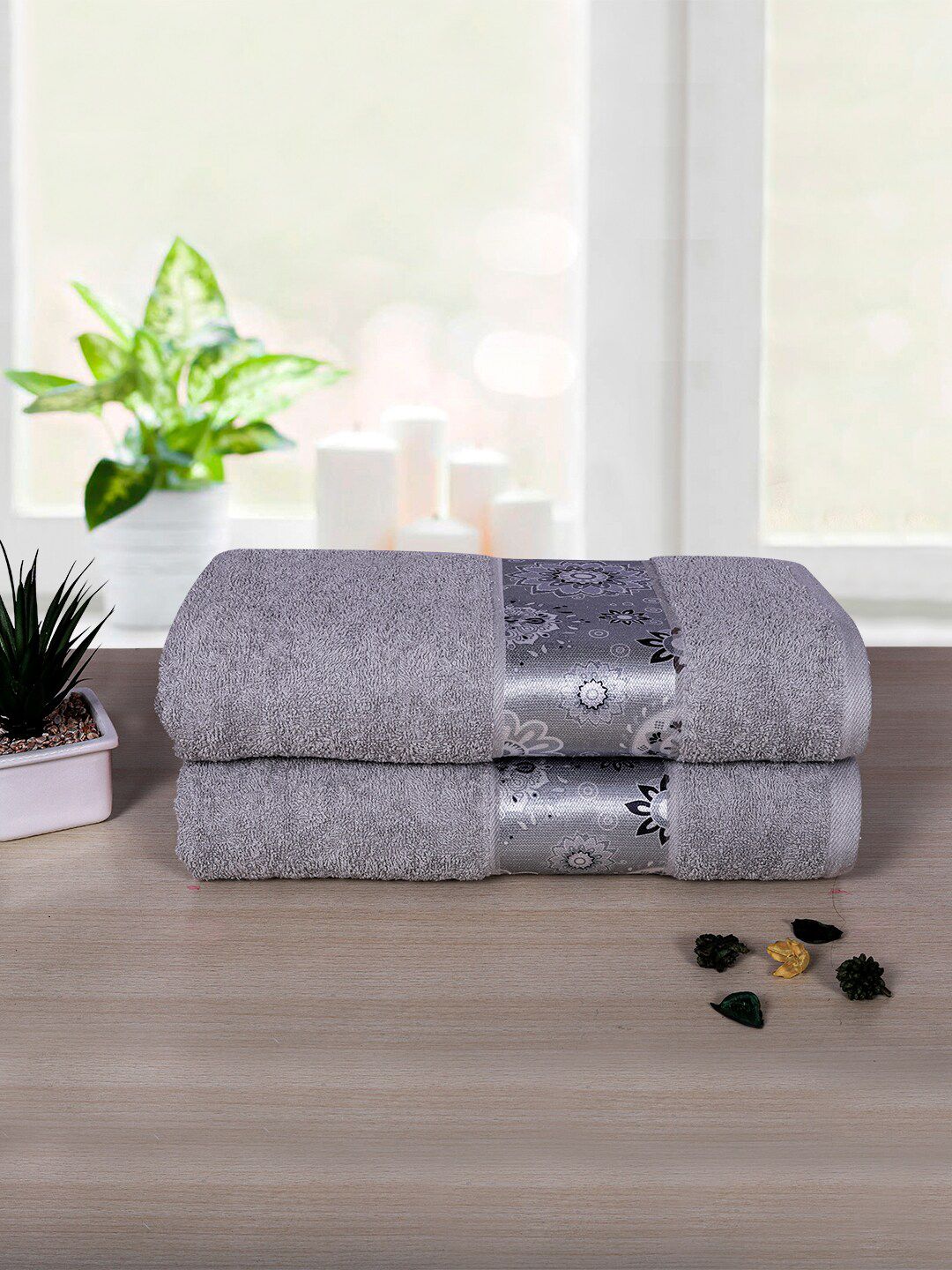 RANGOLI Pack Of 2 Grey Solid 450 GSM Cotton Towel Set Price in India