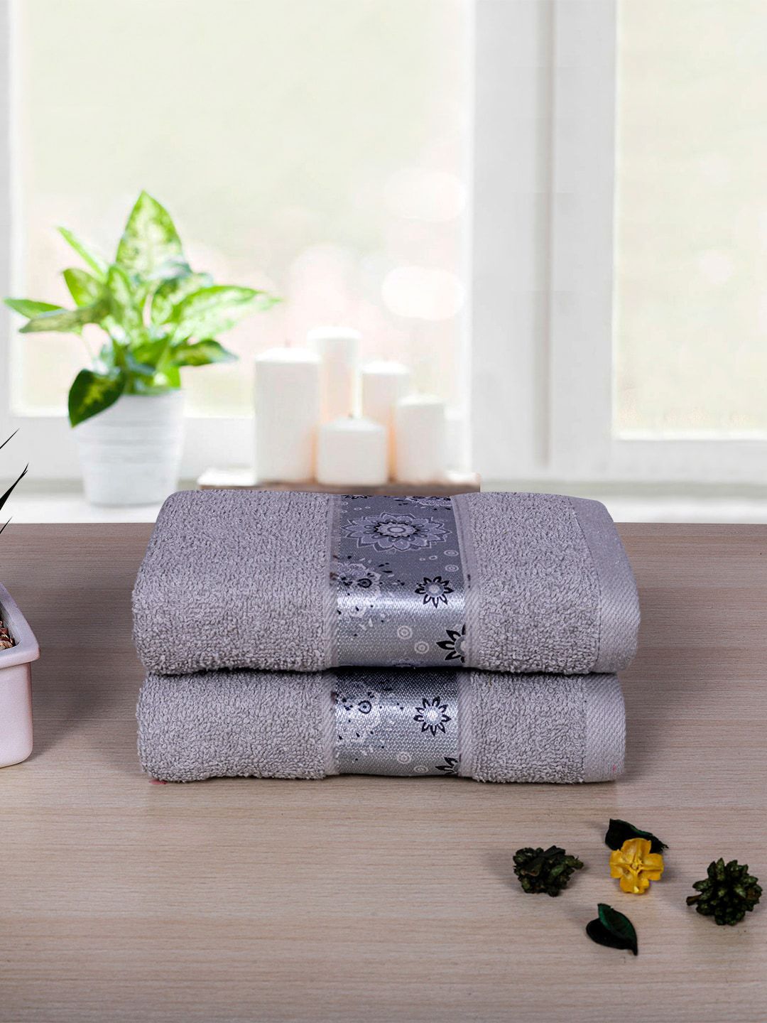 RANGOLI Pack Of 2 Grey Solid 450 GSM Cotton Hand Towel Set Price in India