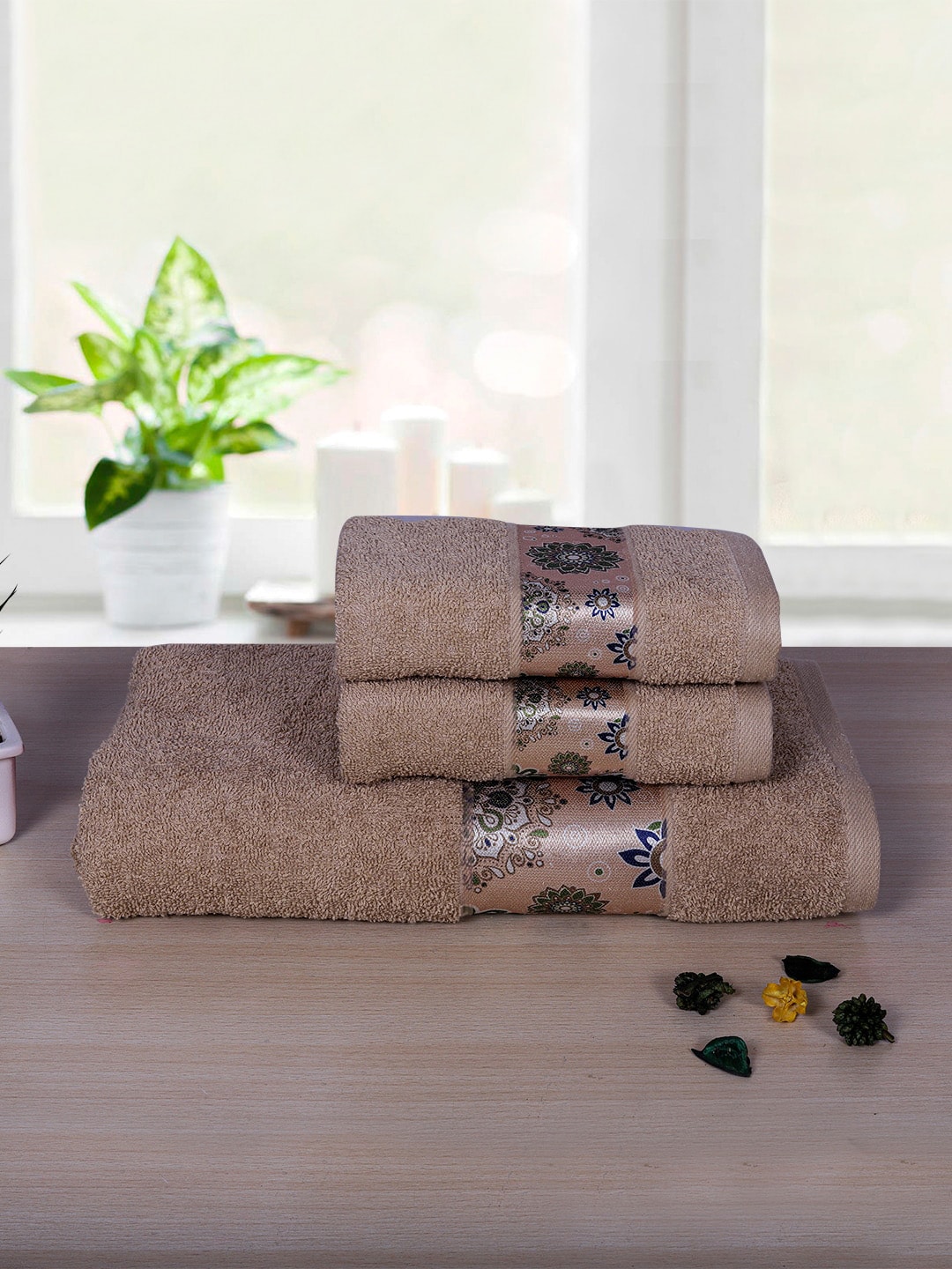 RANGOLI Adults Set Of 3 Beige Solid with Printed Stripe 450 GSM Cotton Towel Set Price in India