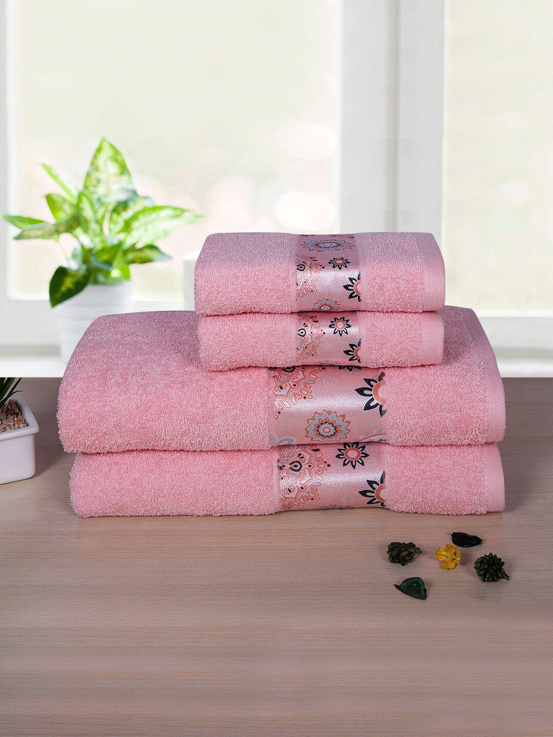 RANGOLI Pack Of 4 Peach Solid Towel Set Price in India