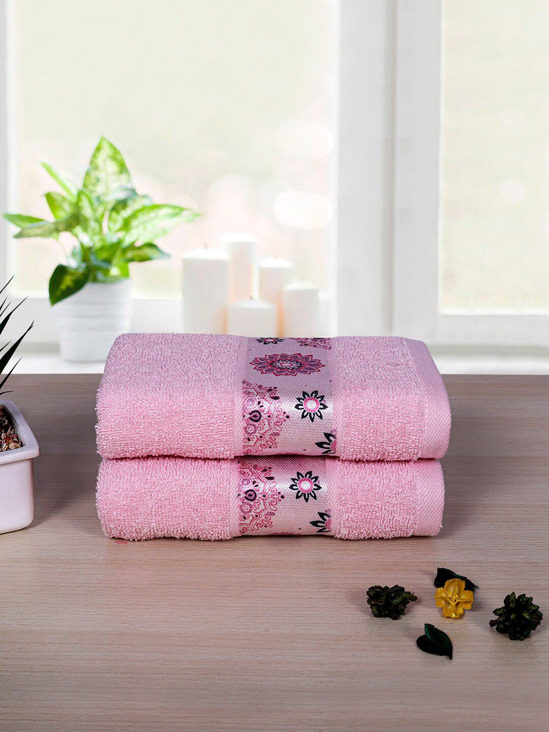 RANGOLI Pack of 2 Pink  Solid Pure Cotton 450 GSM Towel Set Price in India