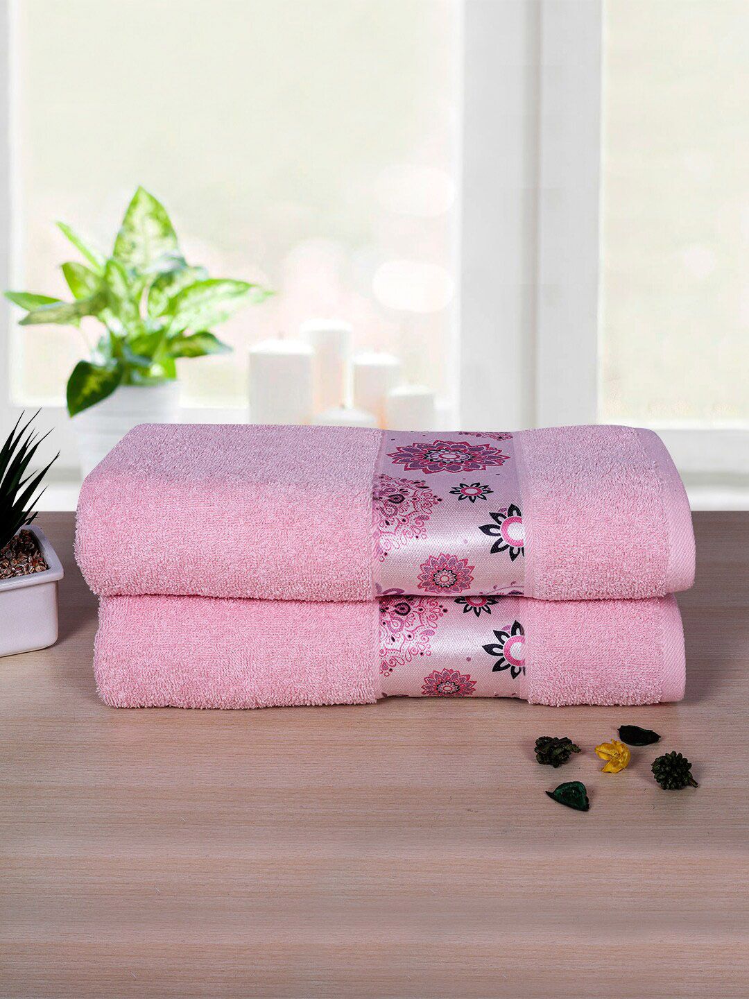 RANGOLI Set Of 2 Pink Solid Cotton 450GSM Towel Set Price in India