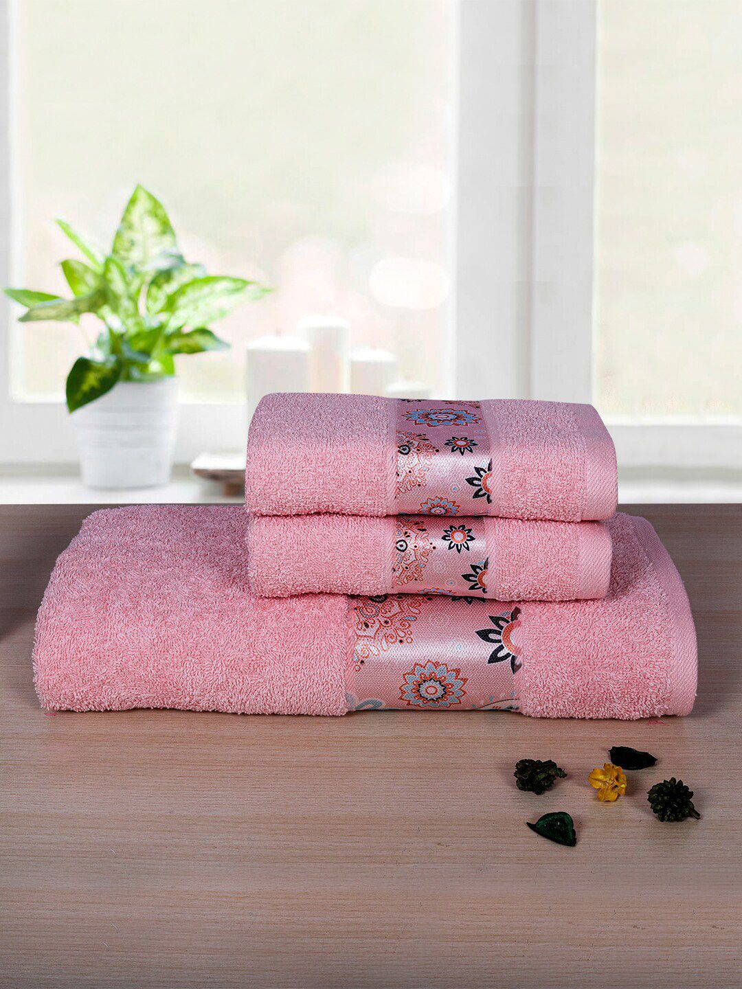 RANGOLI Set Of 3 Peach Colored Solid 450 GSM Cotton Towel Set Price in India