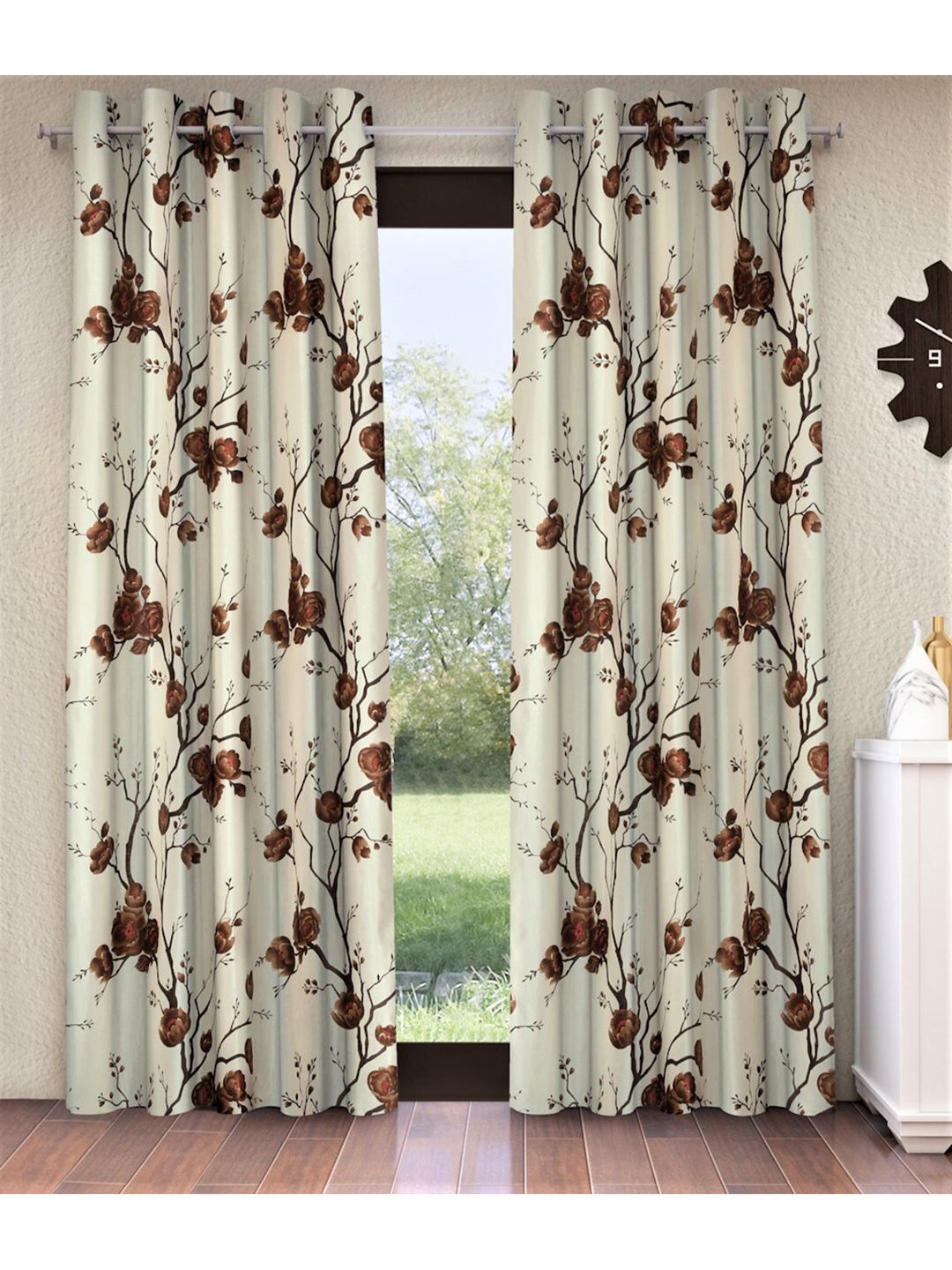 Fashion String Cream & Brown Set of 2 Floral Printed Door Curtain Price in India