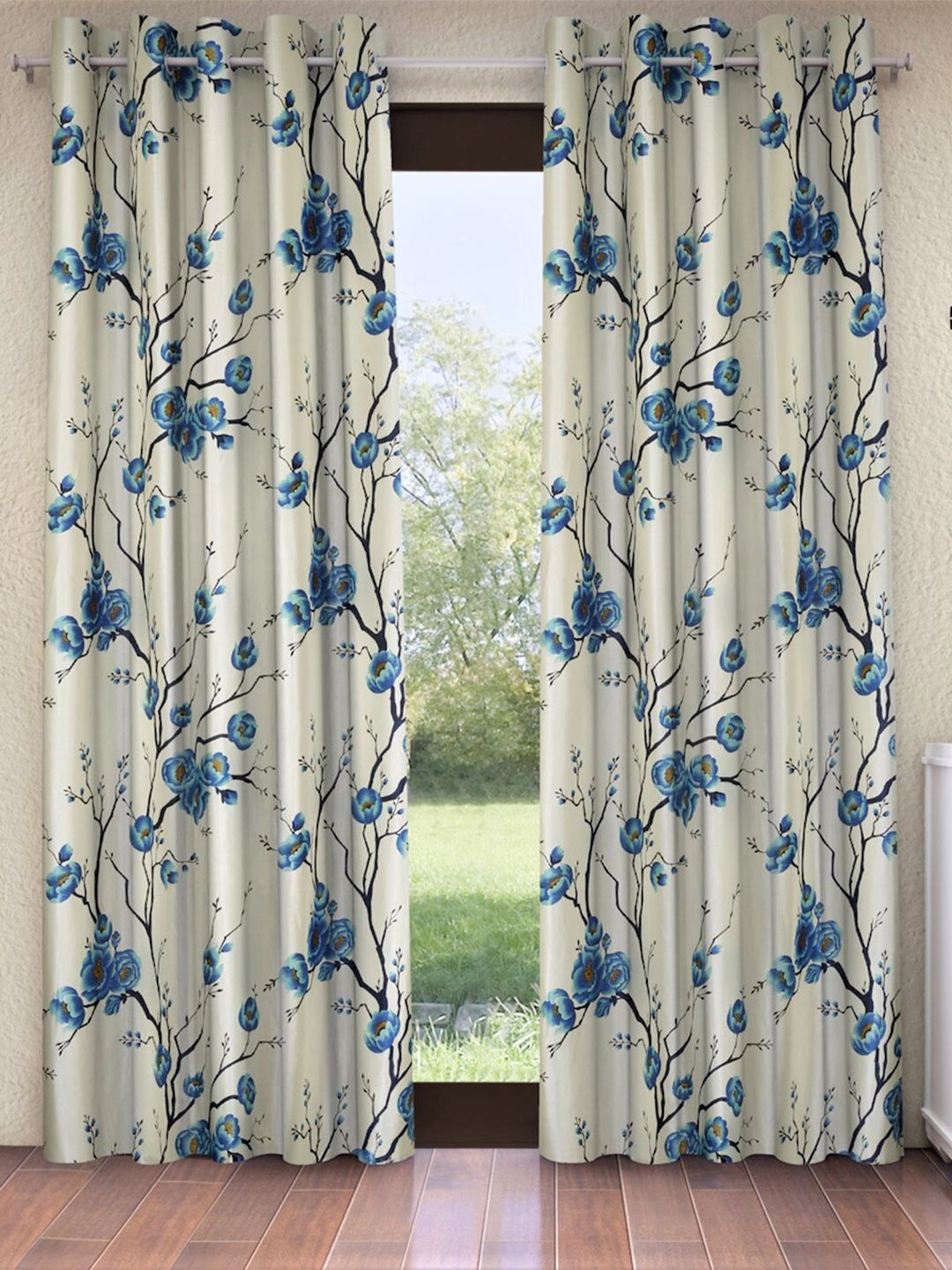 Fashion String Blue & Off White Set of 2 Floral Printed Door Curtain Price in India