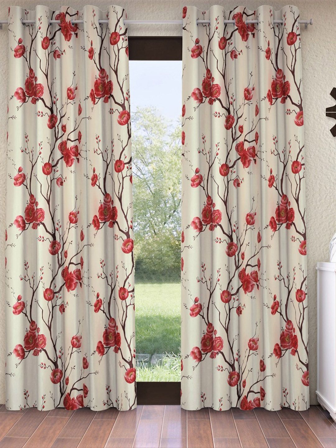 Fashion String Red & Off White Set Of 2 Floral Door Curtain Price in India