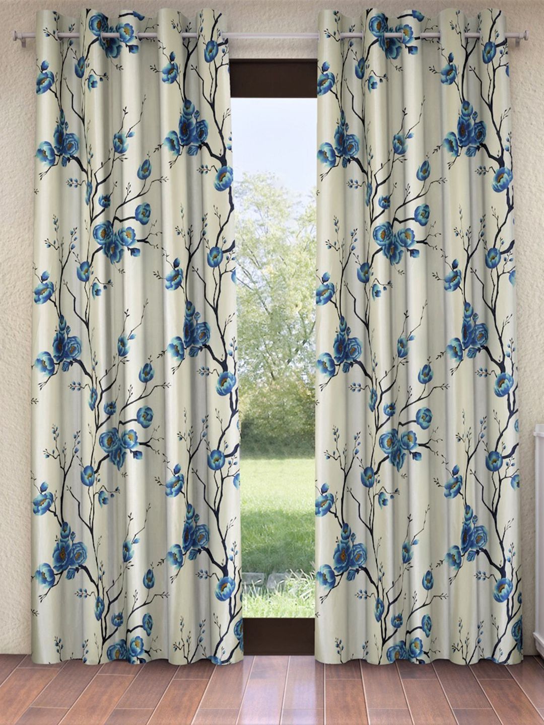 Fashion String Blue & Off White Set Of 2 Floral Window Curtain Price in India