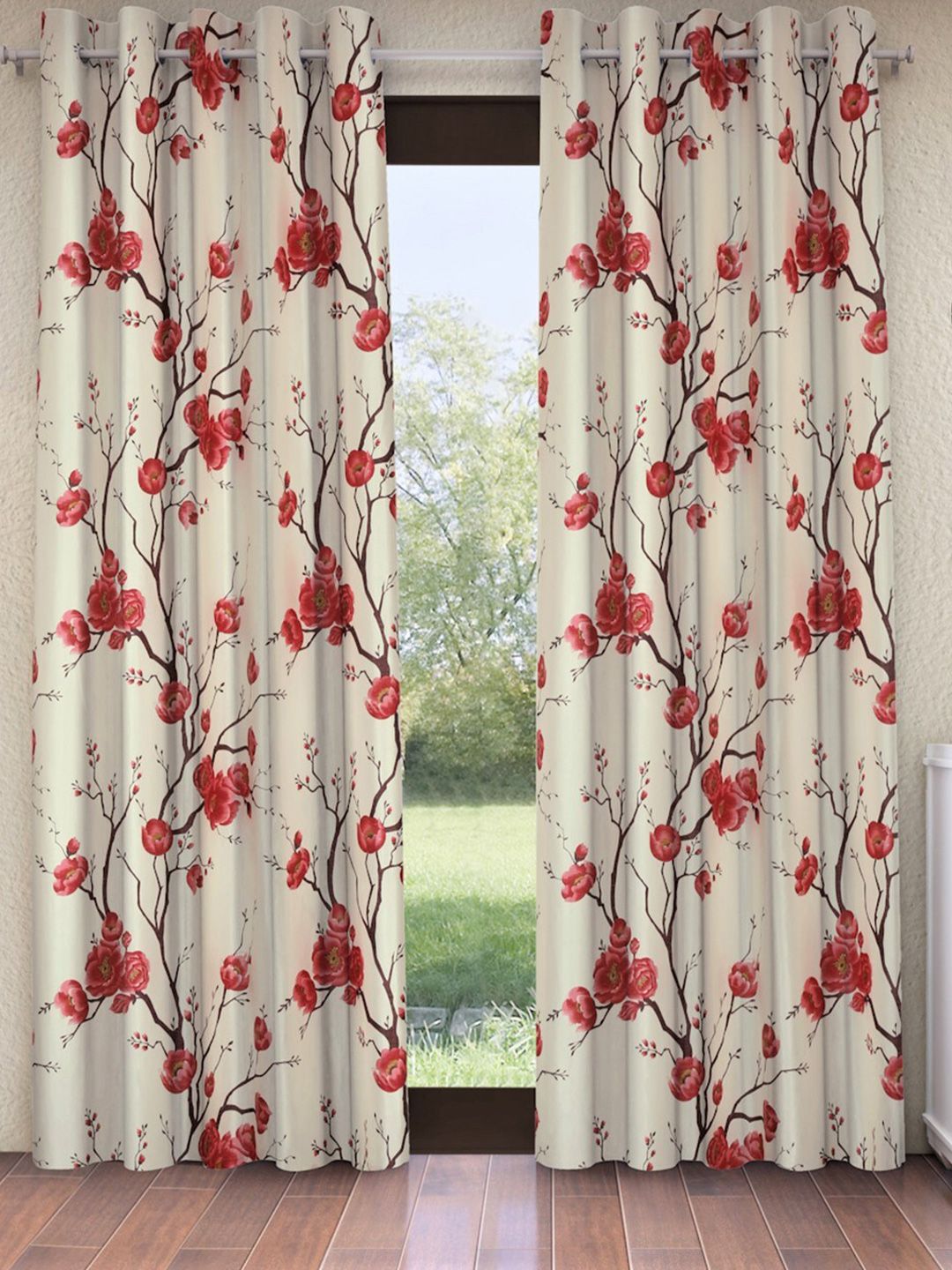 Fashion String Red & Off White Set of 2 Floral Window Curtain Price in India
