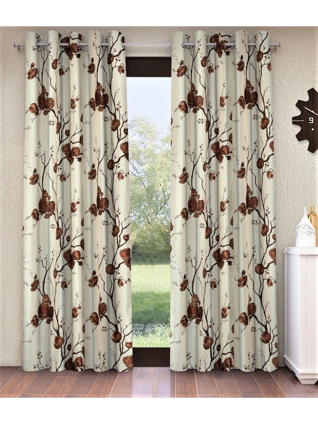 Fashion String Brown & Off White Set of 2 Floral Long Door Curtains Price in India