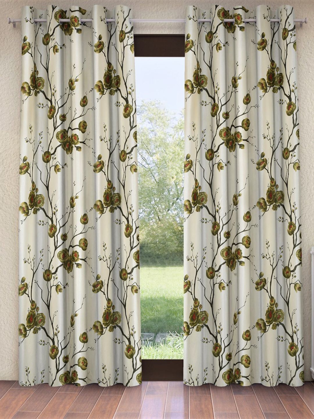Fashion String Green & Off White Set of 2 Floral Door Curtains Price in India