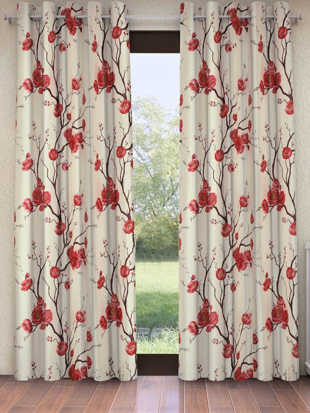 Fashion String Red & Peach-Coloured Set of 2 Floral Long Door Curtains Price in India