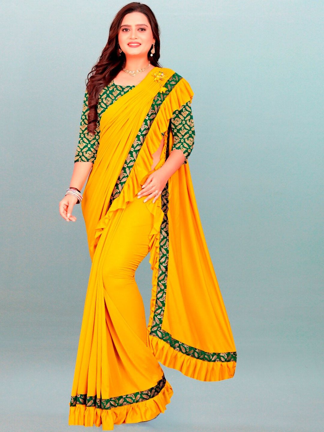APNISHA Yellow & Green Lycra Plain Saree Price in India