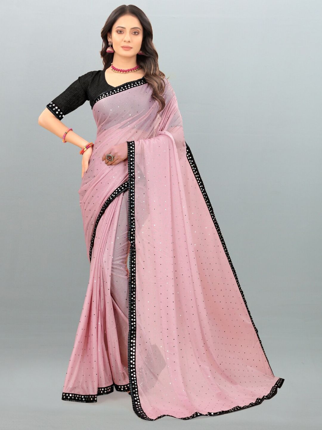 APNISHA Pink & Black Embellished Saree Price in India